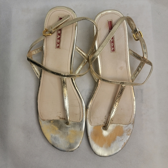 Prada gold T strap sandals with small wedge size 39 - Picture 1 of 15